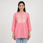 Women's Pink Cotton Mandarin Collar Embroidered Kurti, हल्का गुलाबी, small