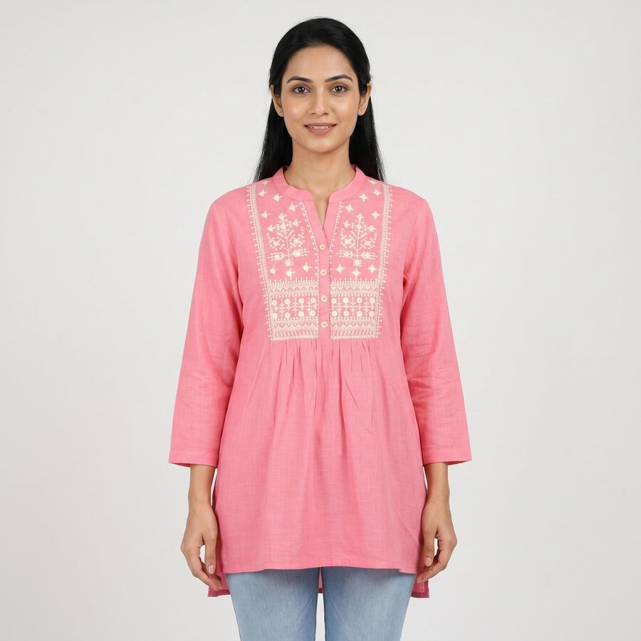 Women's Pink Cotton Mandarin Collar Embroidered Kurti, हल्का गुलाबी, large