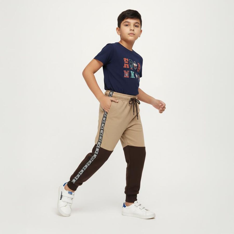 Boys Beige and Brown Color Block Elastic Waist Pyjama, Beige, large image number null