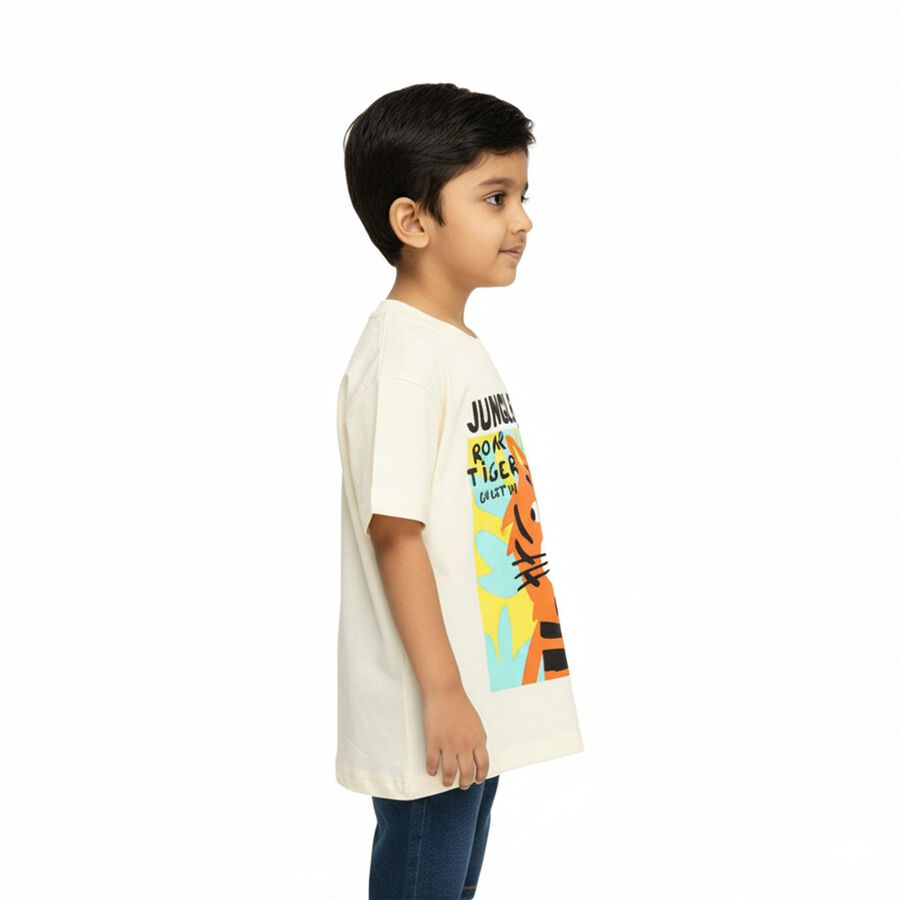 Boys' Off-White Cotton Crew Neck Casual T-Shirt, ऑफ व्हाइट, large image number null