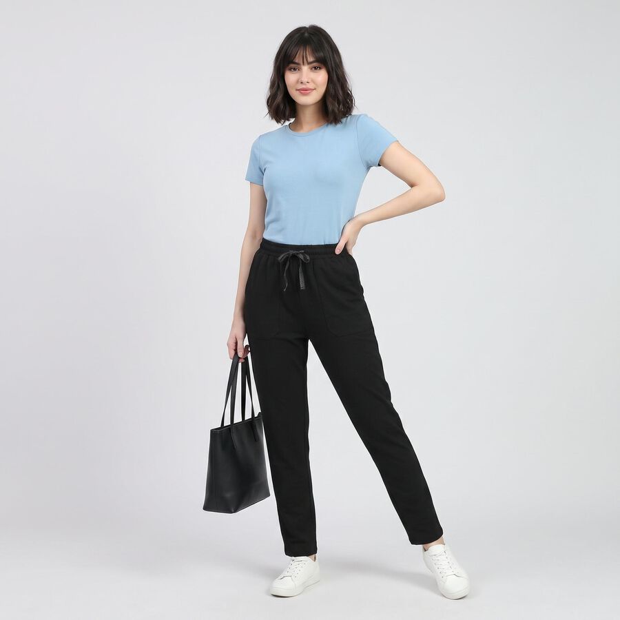 Women Black Straight Fit Drawstring Waist Track Pants, Black, large