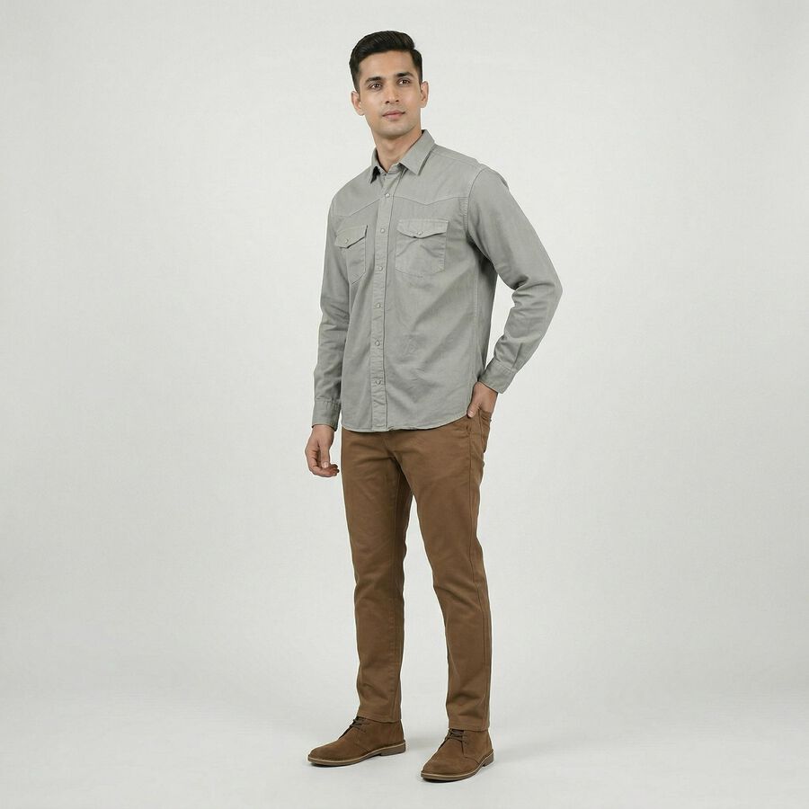 Men's Khaki Cotton Classic Casual Shirt, खाकी, large