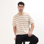 Men's Muted Beige Round Neck Striped T-Shirt, Beige, small