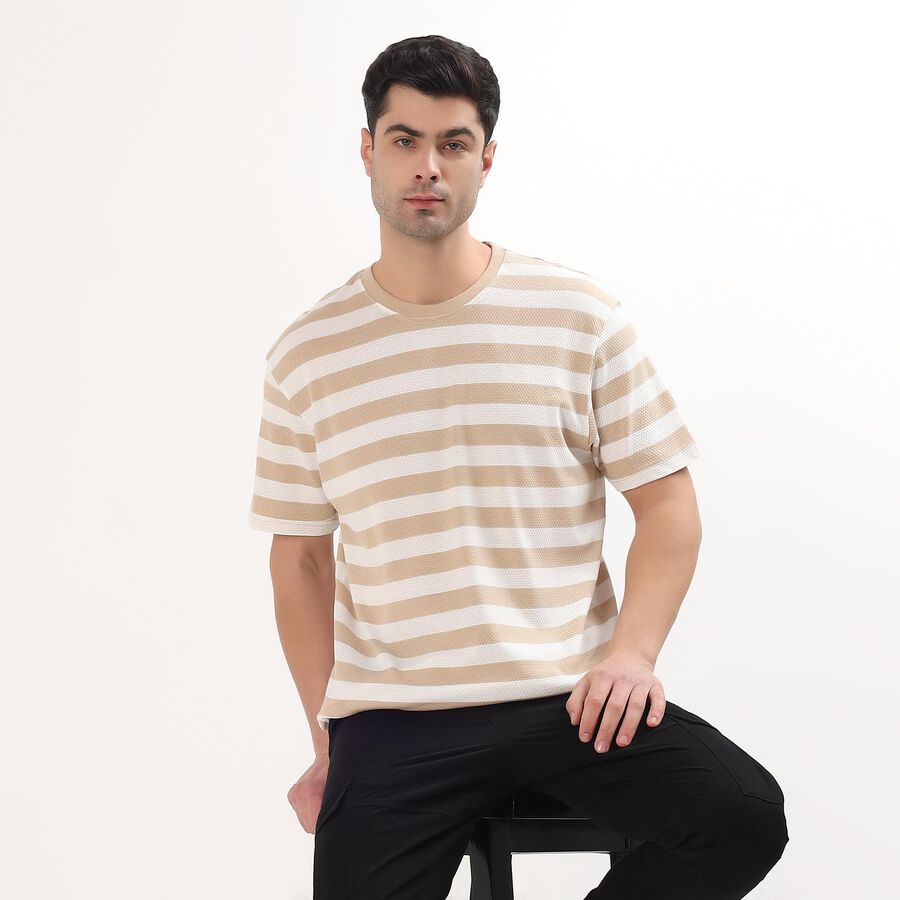 Men's Muted Beige Round Neck Striped T-Shirt, Beige, large