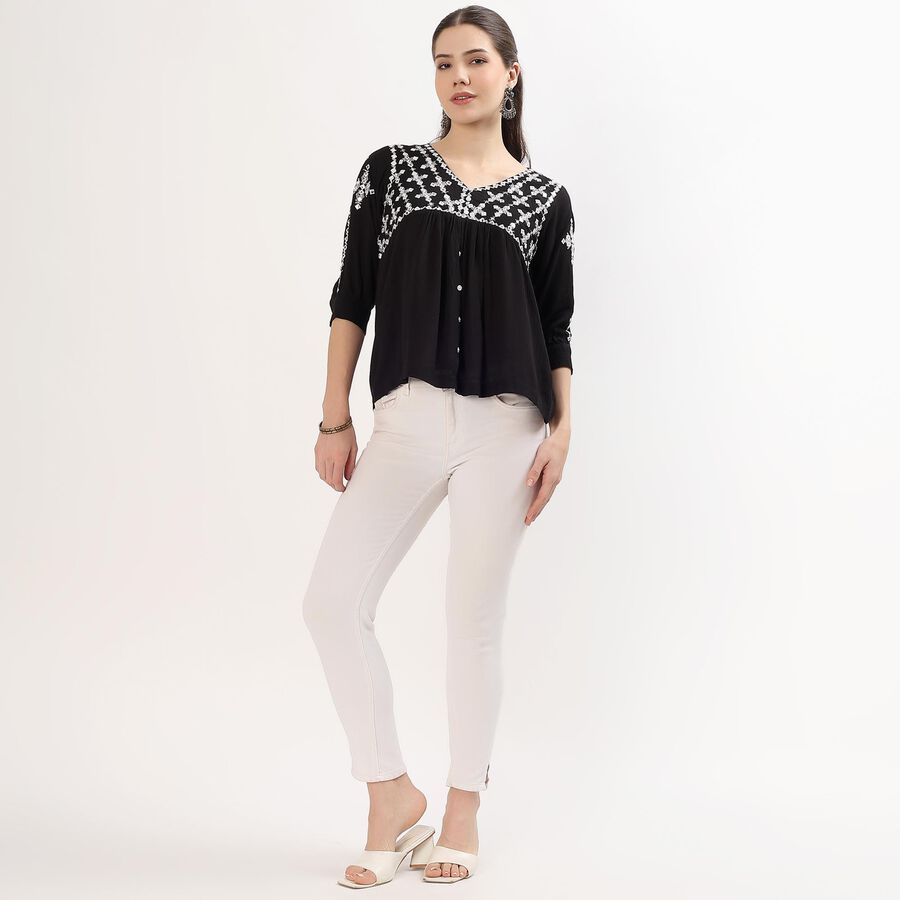 Women's Jet Black V-Neck Embroidered Kurti, काला, large