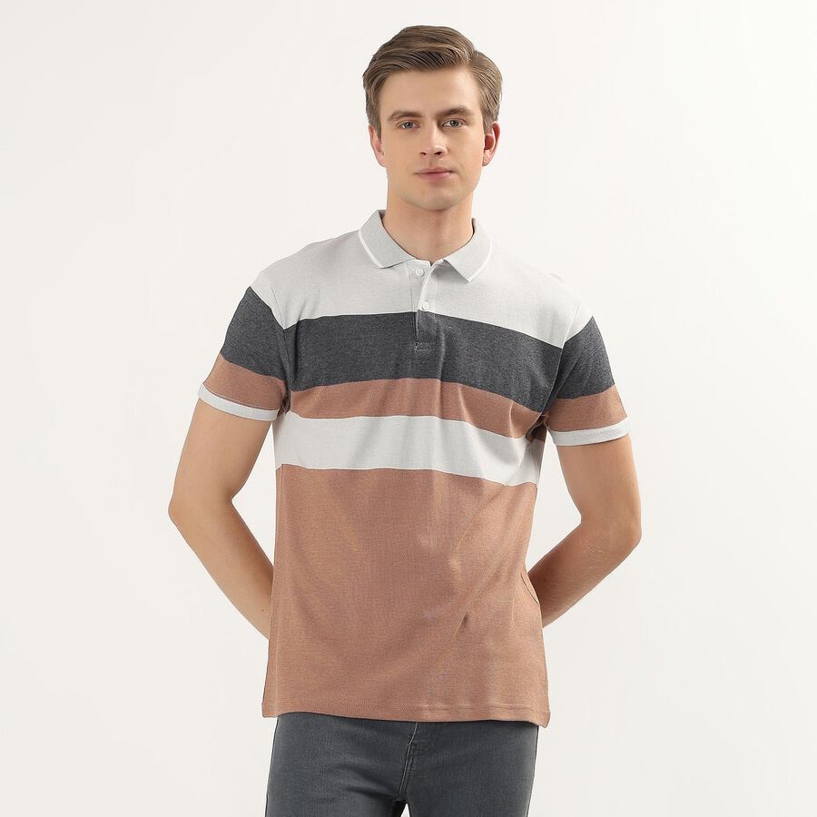 Men's Beige Cotton Polo Neck Striped T-Shirt, Beige, large