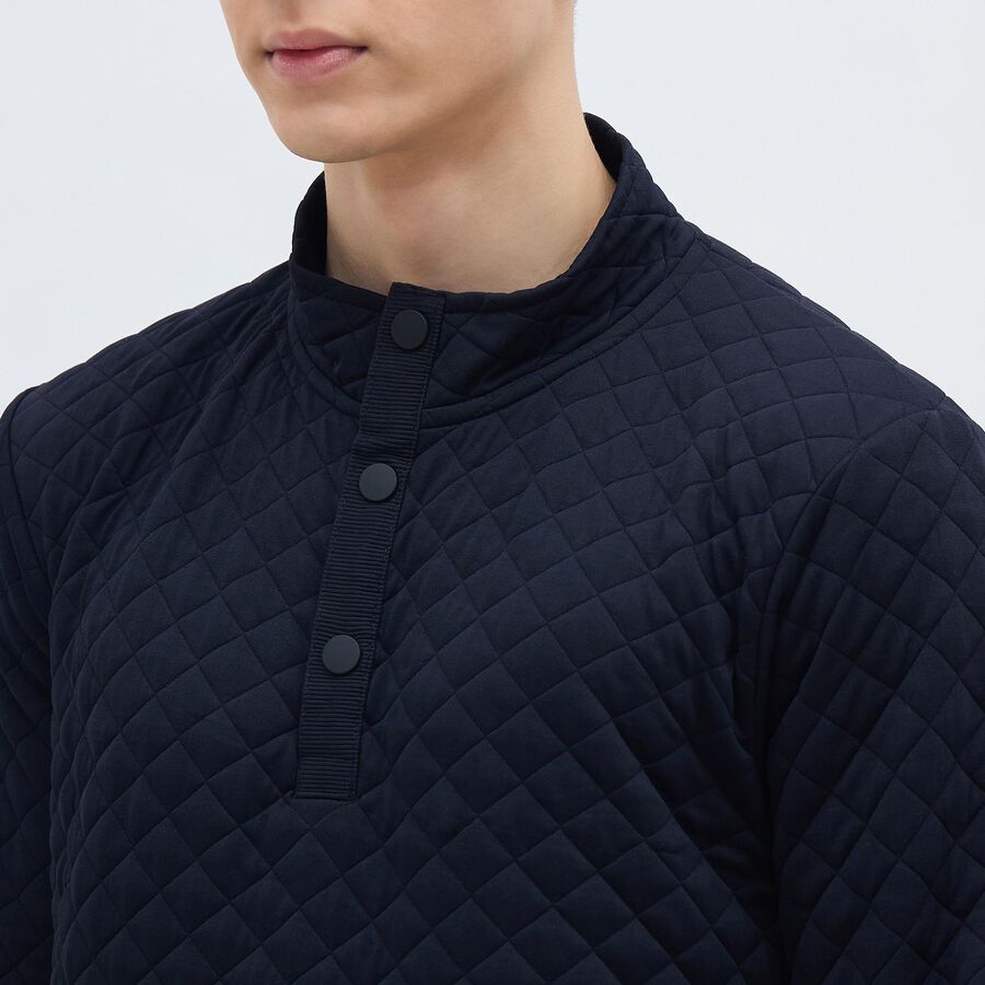 Men's Deep Midnight Navy Buttoned Neckline Quilted Sweatshirt, Navy Blue, large image number null