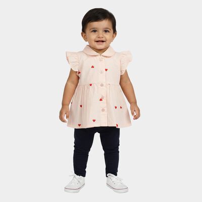 Infants' Light Pink Cotton Collar Neck Tunic Set Capri Set