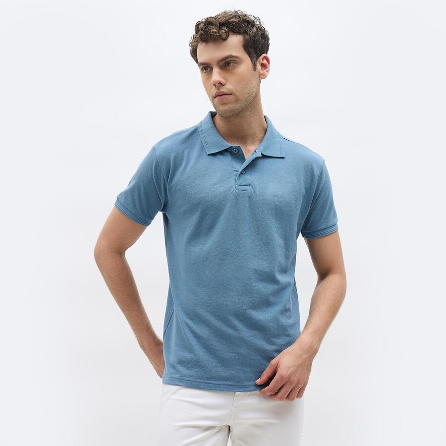 Men's Muted Steel Blue Polo Neck Classic T-Shirt, Mid Blue, large