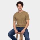Men's Beige Cotton Round Neck Regular Geometric T-Shirt, गहरा पीला, small