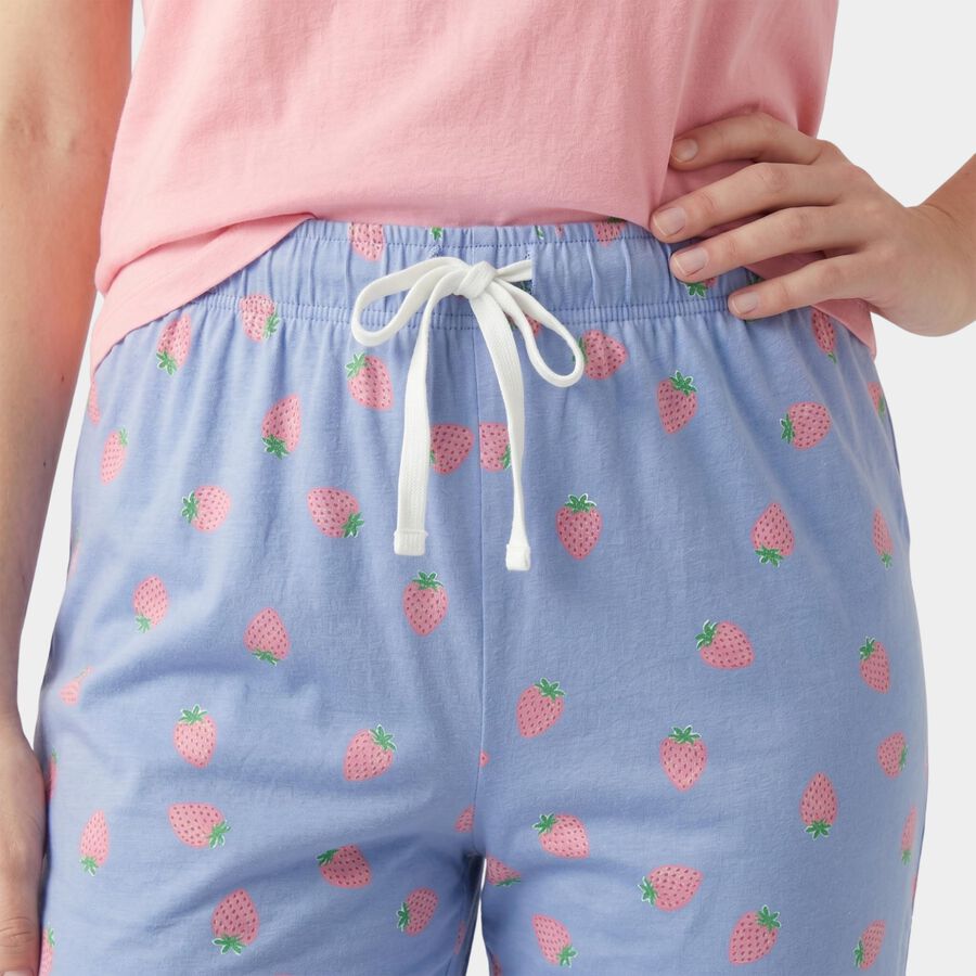 Women's Light Blue Straight Fit Strawberry Printed Drawstring Pyjama, Light Blue, large