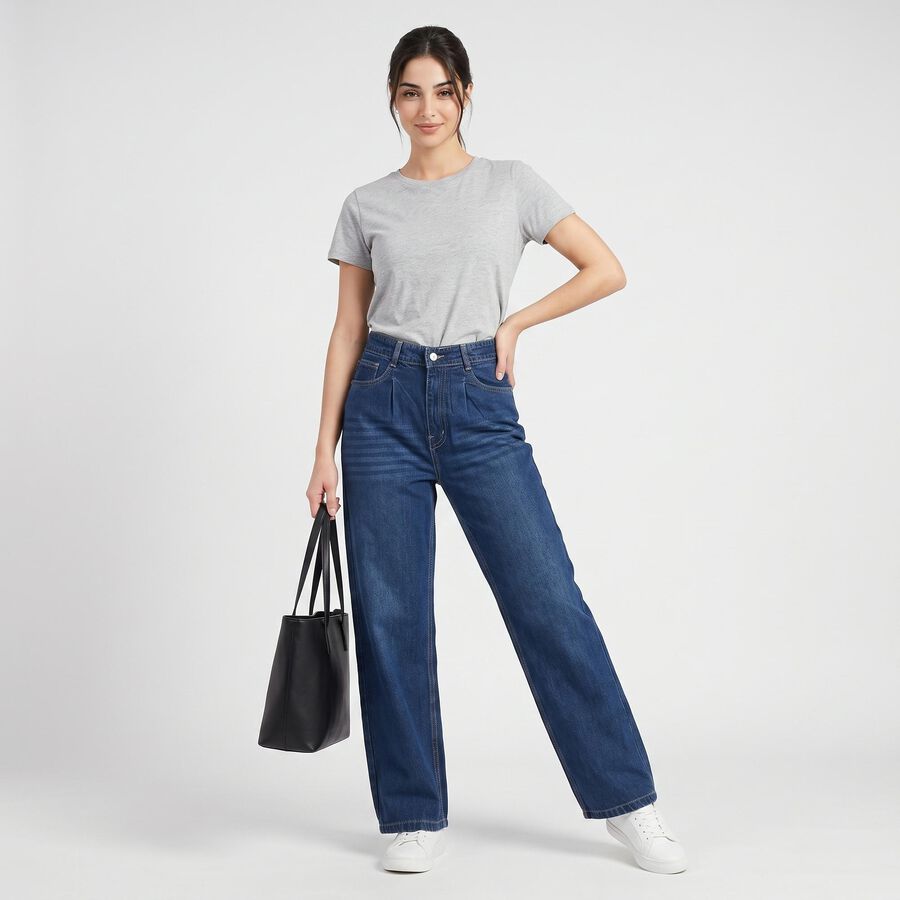 Women's Blue Wide Leg Washed Jeans, Mid Blue, large