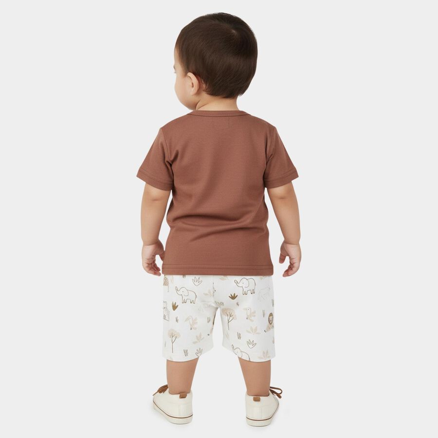 Infants' Brown Cotton Round Neck Animal Print Baba Suit, Brown, large