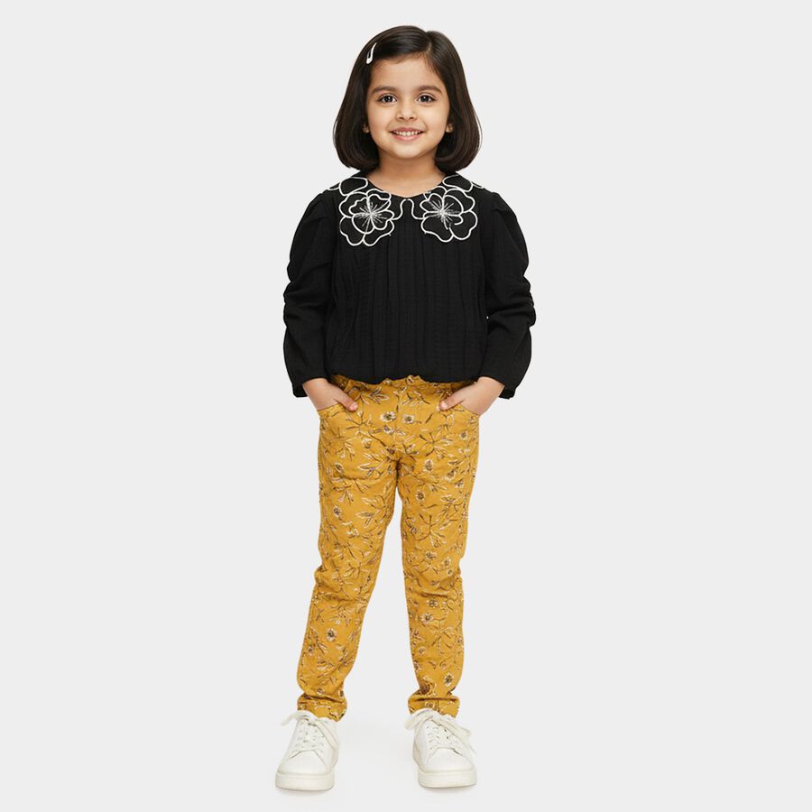 Girls' Black Round Neck Romantic T-Shirt, Black, large