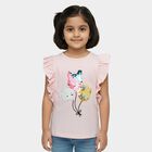 Girls' Pink Cotton Round Neck Romantic Ruffle Sleeve T-Shirt, हल्का गुलाबी, small