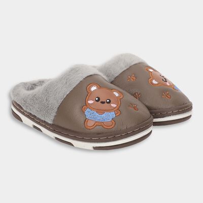 Kids Warm Chocolate Brown Fur Lined Slip-On Winter Slippers