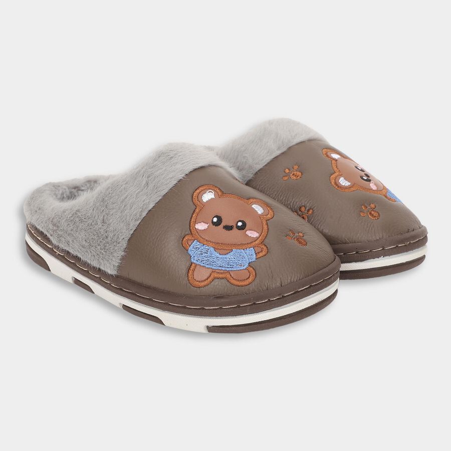 Kids Warm Chocolate Brown Fur Lined Slip-On Winter Slippers, Brown, large image number null
