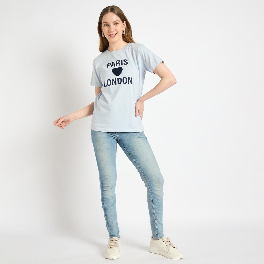 Ladies' 100% Cotton Round Neck T-Shirt , हल्का नीला, large