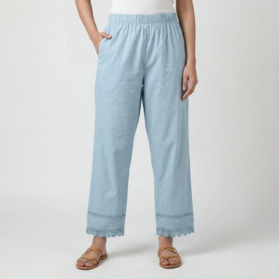 Women's Light Blue Cotton Wide-Leg Palazzos