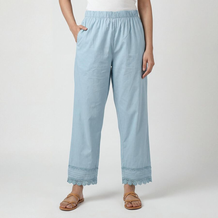 Women's Light Blue Cotton Wide-Leg Palazzos, Light Blue, large