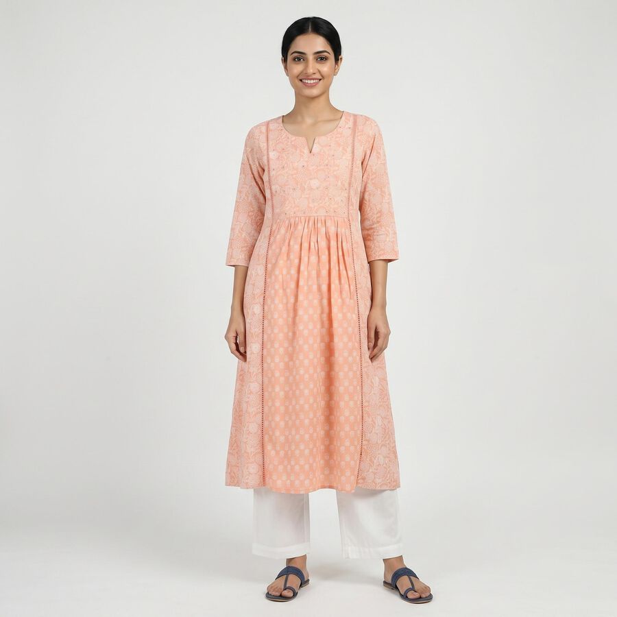 Women's 100% Light Pink Cotton Kurta, हल्का गुलाबी, large