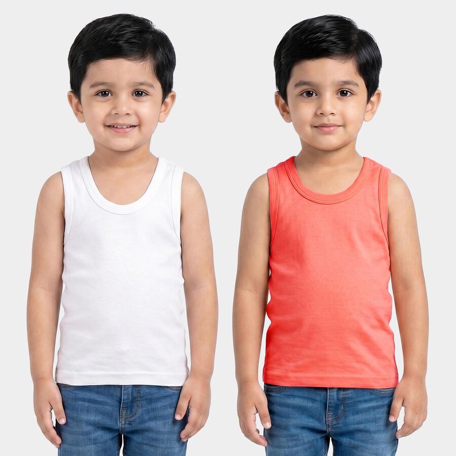 Boys Coral Cotton Round Neck Vest, मूँगा (कोरल), large
