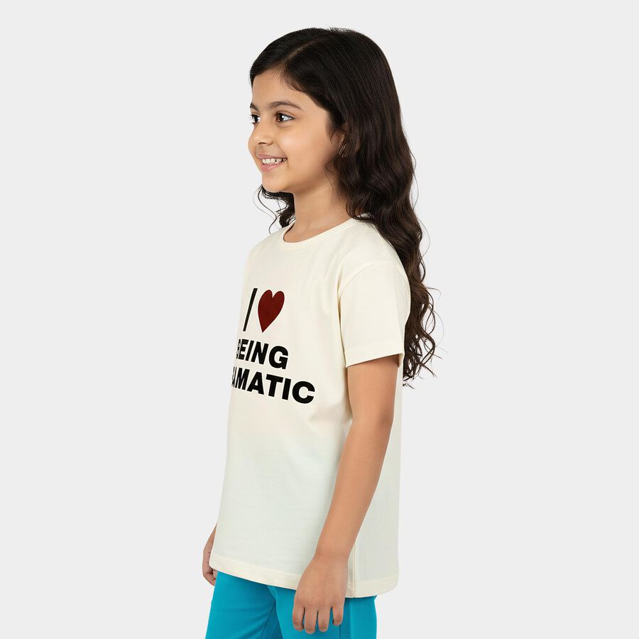 Girls White Round Neck Casual T-Shirt, सफ़ेद, large