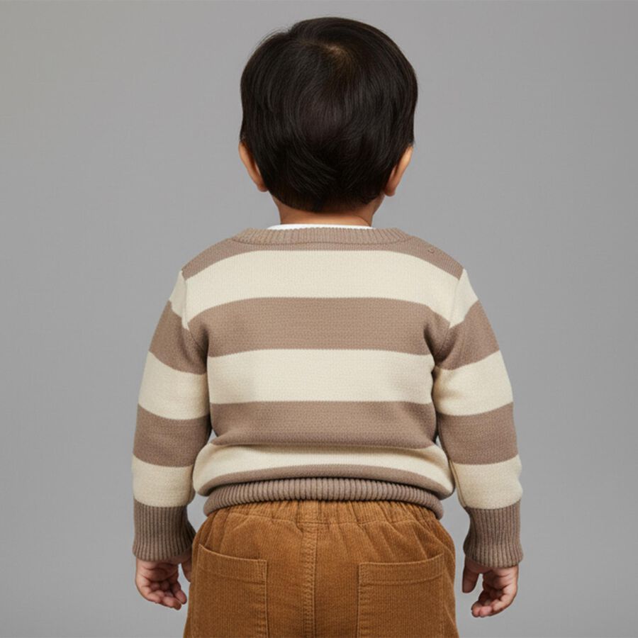 Infants Beige and Cream Crew Neck Striped Pullover, गहरा पीला, large image number null
