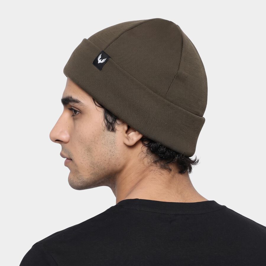 Men's Olive Green Solid Beanie Cap, Olive, large