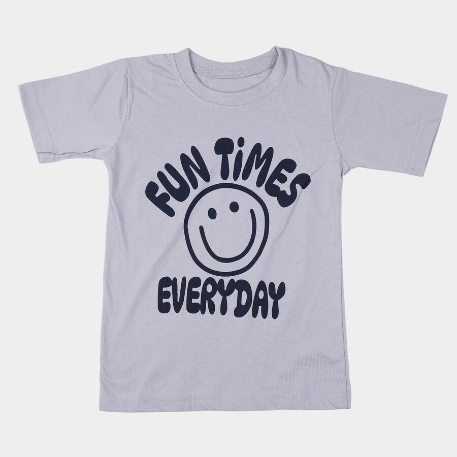 Boys Mid Blue Cotton Round Neck Casual T-Shirt, Mid Blue, large