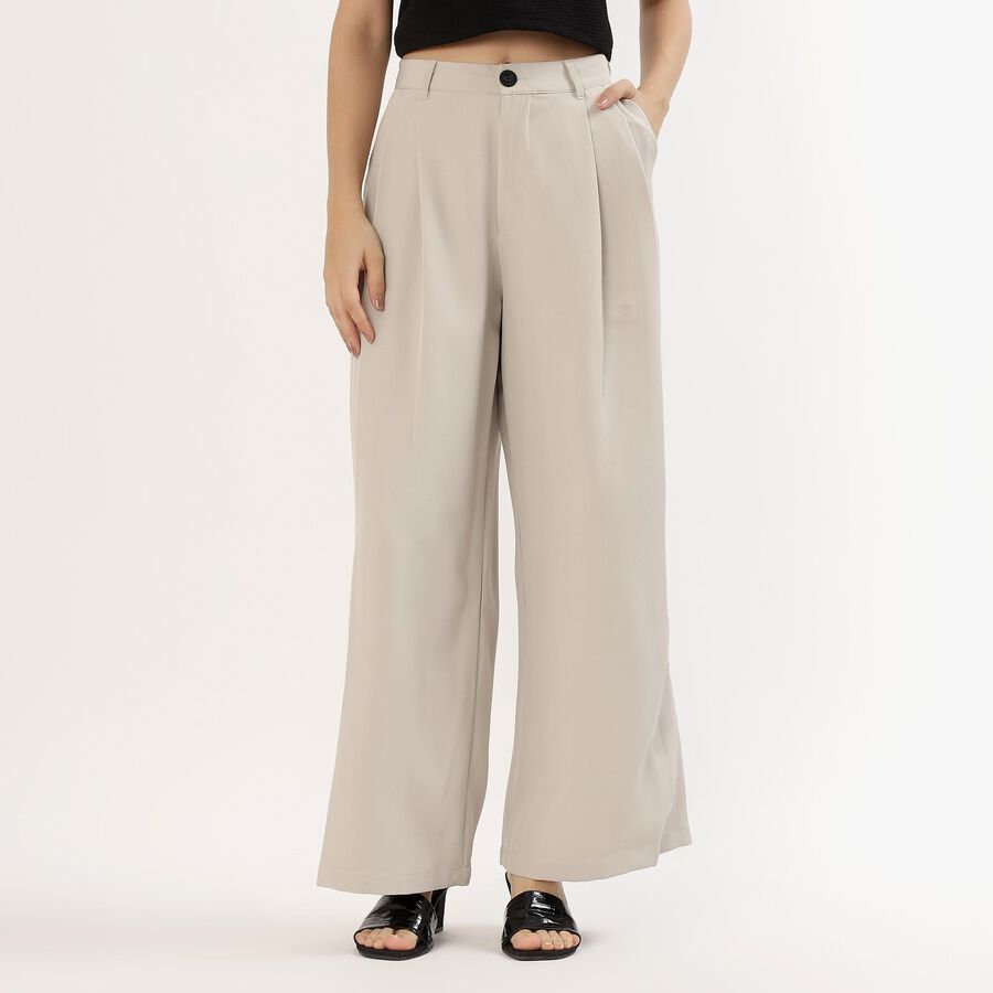 Women's Soft Beige Wide-Leg Pleated Trousers, Light Grey, large image number null