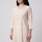 Women's Beige Round Neck Embroidered Straight Kurta, Beige, small