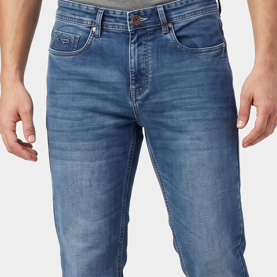 Men's Blue Straight Fit Washed Jeans, मध्यम नीला, large