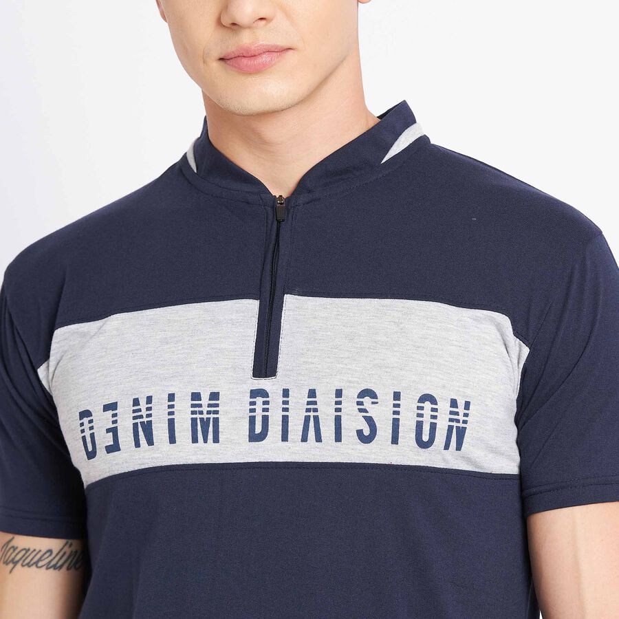 Cut & Sew Henley T-Shirt, Navy Blue, large image number null