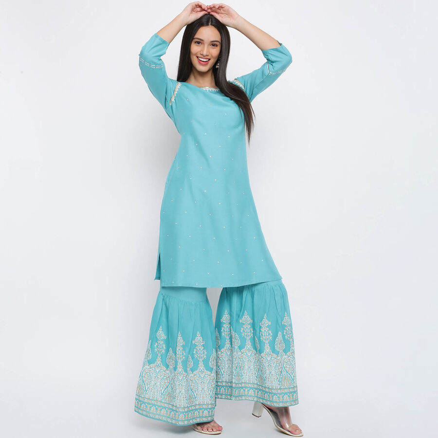 Embroidered Flared 3/4th Sleeves Kurta, Mid Blue, large image number null