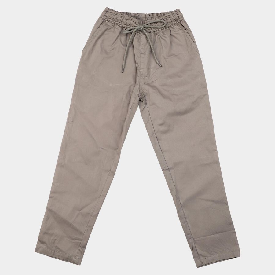 Boys Grey Straight Fit Drawstring Waist Trousers, हल्का ग्रे, large