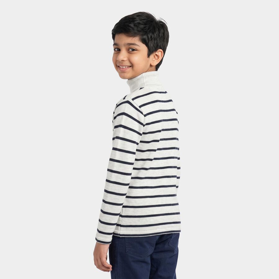Boys White High Neck Striped Pullover, White, large