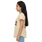 Girls Light Beige Cotton Round Neck Cartoon Printed T-Shirt, Beige, small
