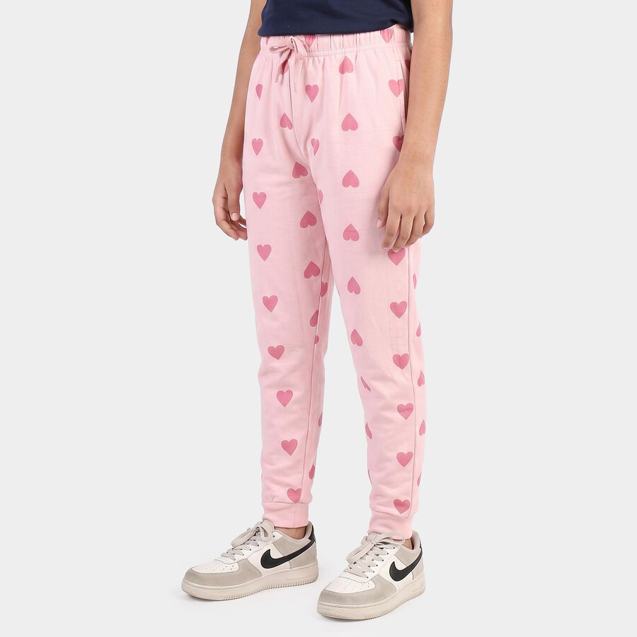 Girls Pink Heart Printed Drawstring Jogger Pyjama, Pink, large