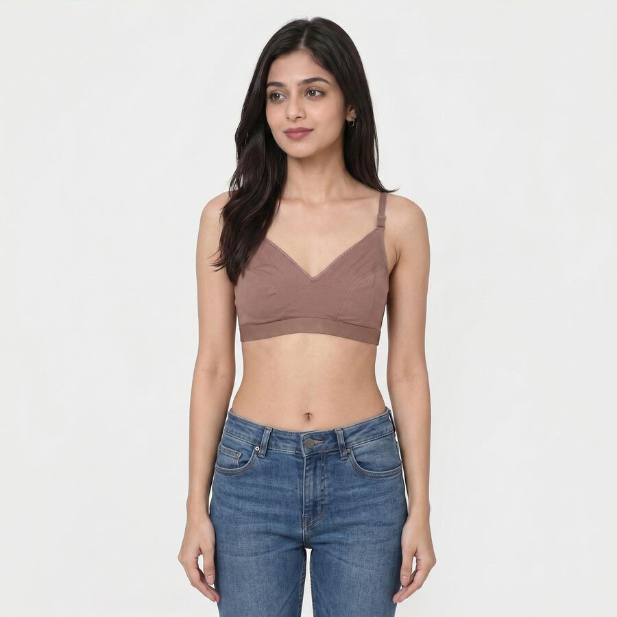Women's Brown Cotton Blend V-Neck Bralette Bra, Brown, large
