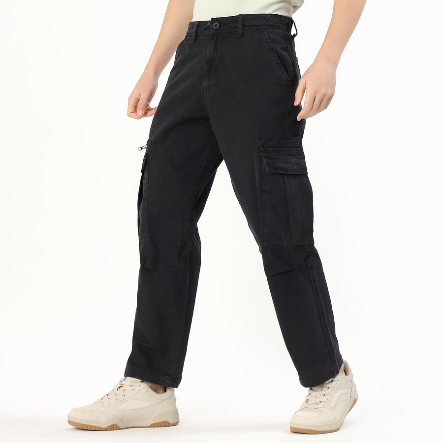 Men's Jet Black Slim Fit Cargo Trousers, गहरा ग्रे, large image number null