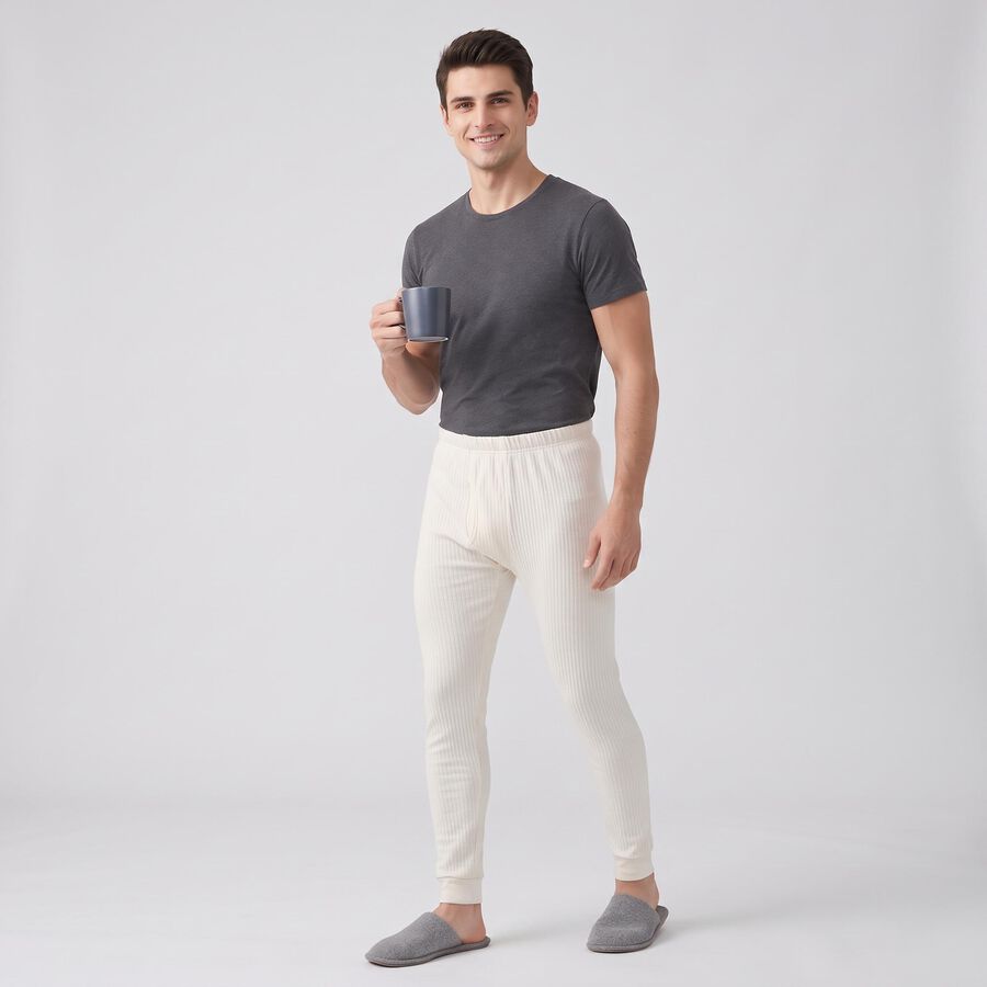 Men's Cream Ribbed Long Johns Thermal, ऑफ व्हाइट, large