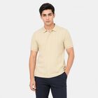 Men's Beige Polo Neck Solid T-Shirt, गहरा पीला, small