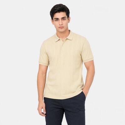 Men's Beige Polo Neck Solid T-Shirt