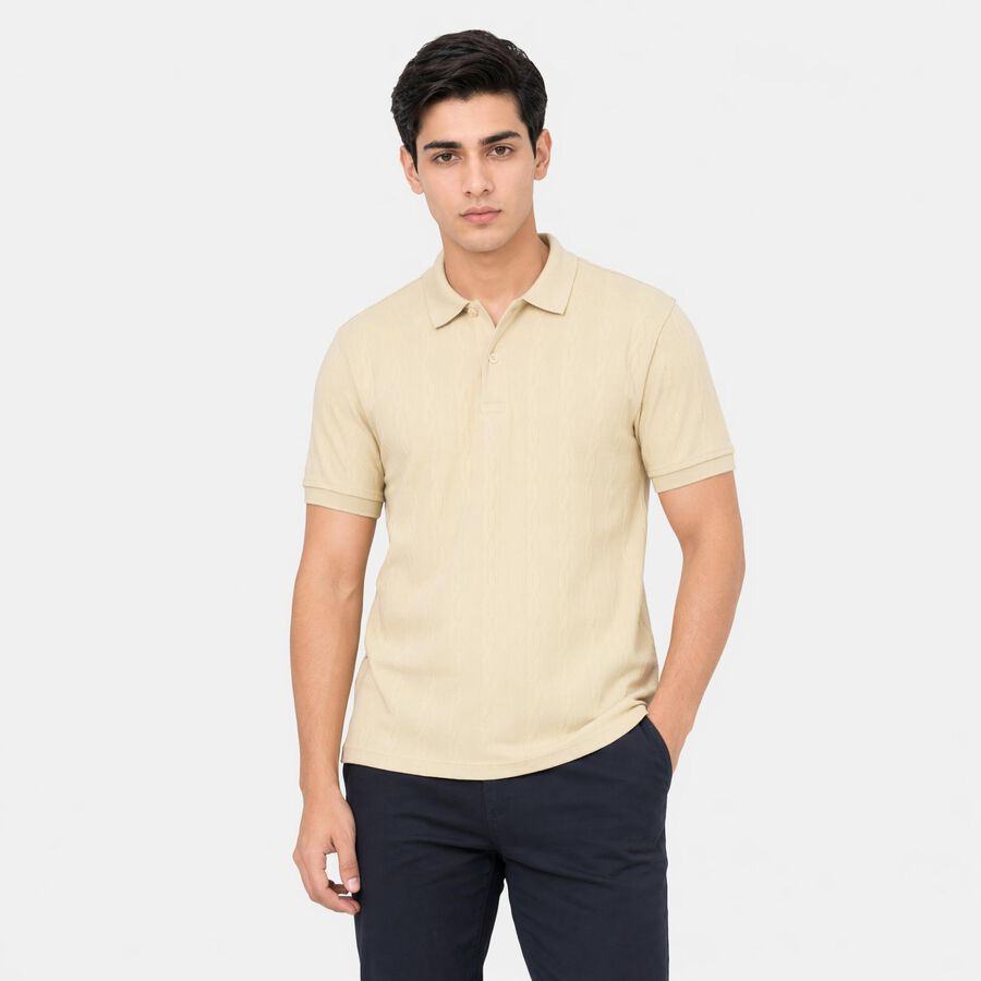 Men's Beige Polo Neck Solid T-Shirt, गहरा पीला, large