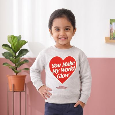 Girls' Ecru Melange Crew Neck Graphic Print Sweatshirt