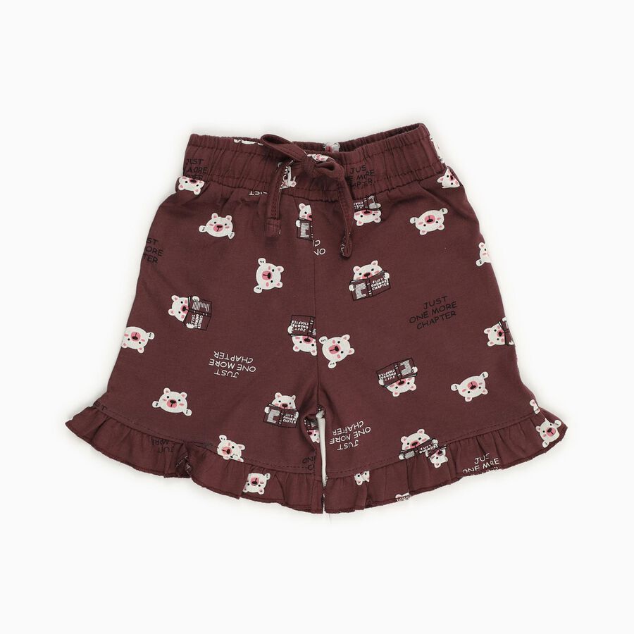 Girls' Deep Maroon Printed Ruffle Hem Cotton Shorts, Light Pink, large image number null