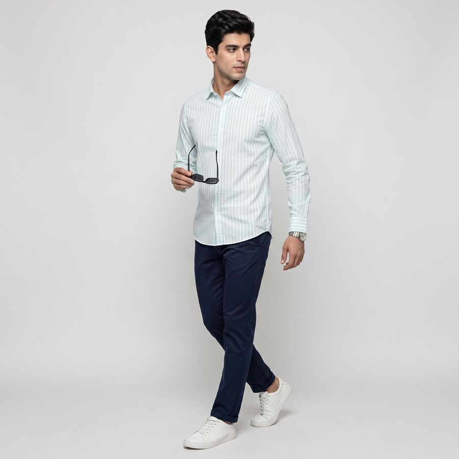 Men's Mint Green Cotton Slim Fit Striped Shirt, Light Green, large