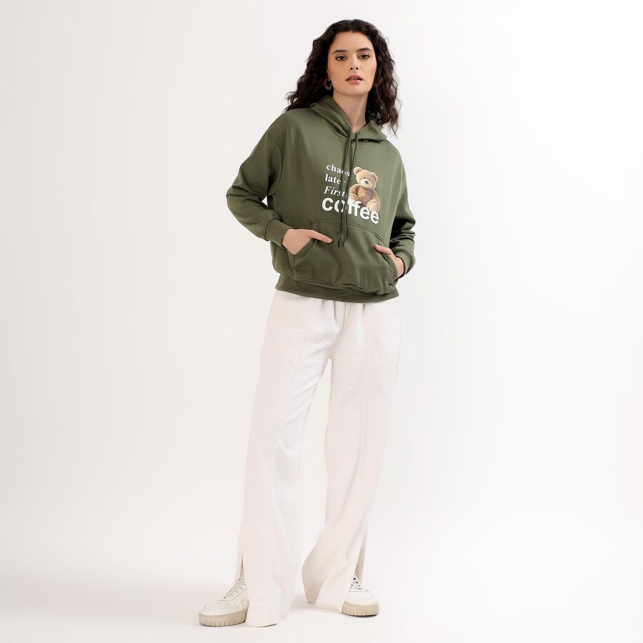 Women's Muted Olive Green Hooded Neck Casual Sweatshirt, ओलिव, large image number null