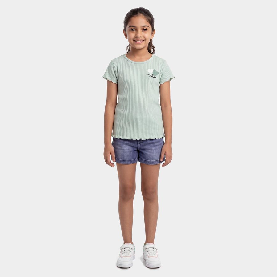 Girls' Green Round Neck Casual T-Shirt, Light Green, large
